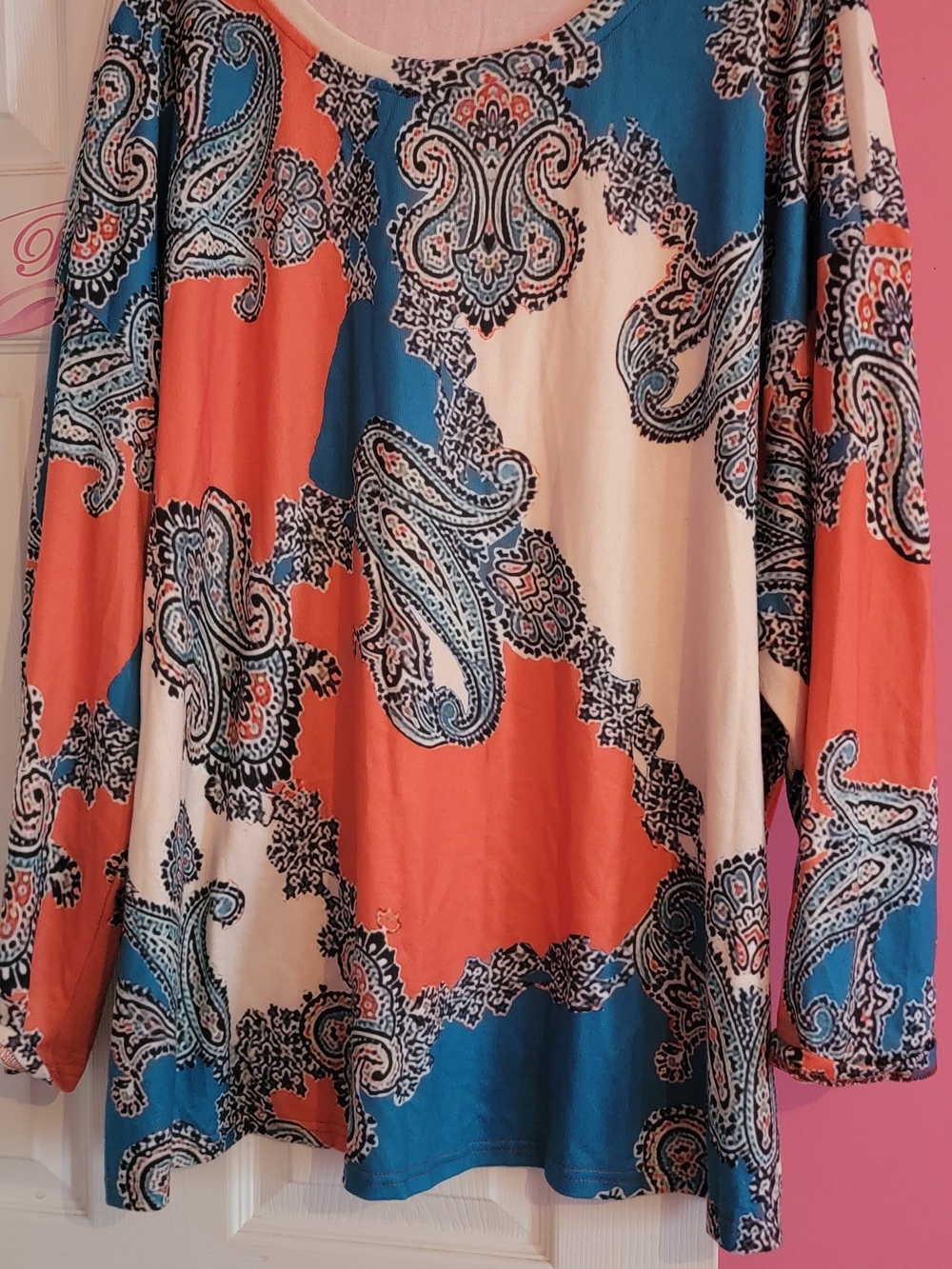 Paisley Print Long Sleeve Top in Coral, Teal, and Cream